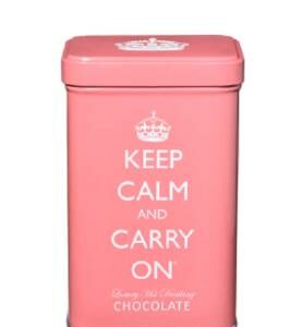 pink tin of hot chocolate keep calm and carry on