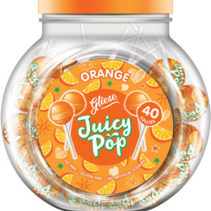 a jar of meeran juicy pop lollipops orange flavour