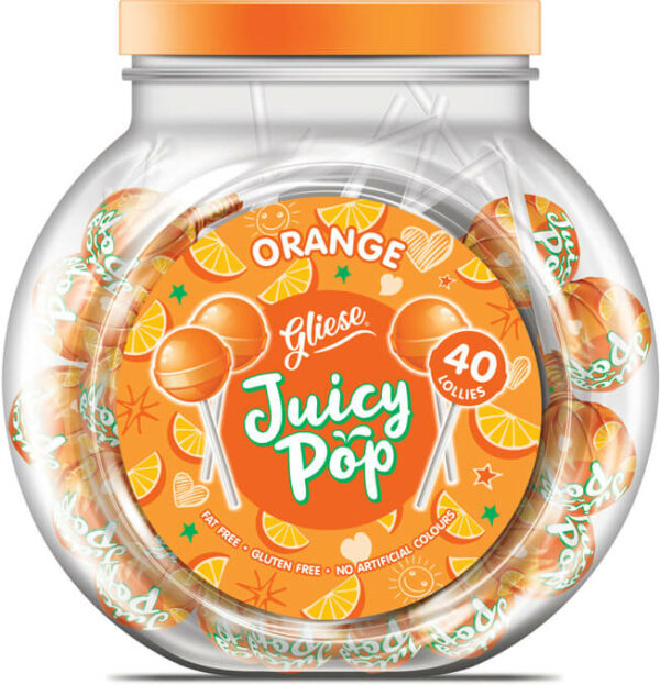 a jar of meeran juicy pop lollipops orange flavour