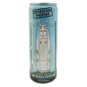 a can of rick and morty operation phoenix clone serum energy drink